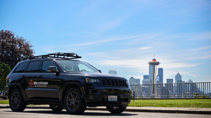 MicroVision MAVIN on vehicle roof against Seattle skyline