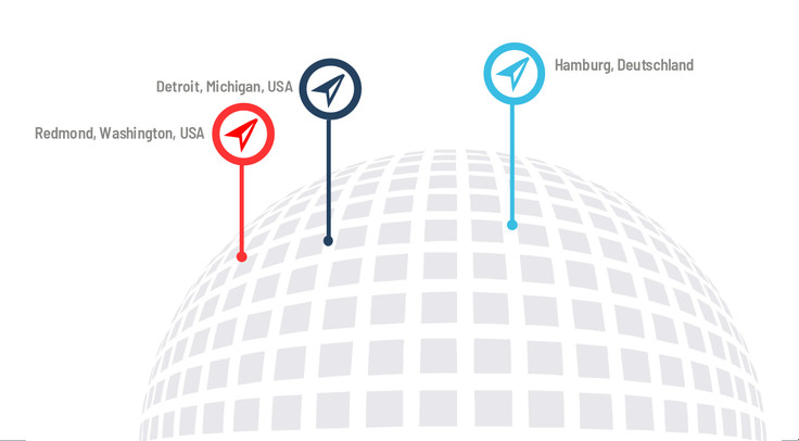 Darstellung der MicroVision Niederlassungen in Deutschland und den USA anhand einer abstrakten Weltkugel.